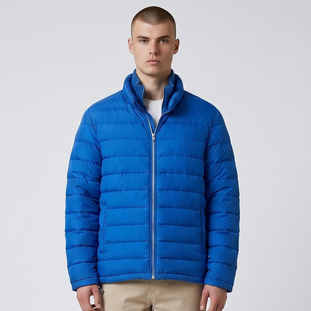 Orlebar Brown Daniel Puffer Jacket Mens Large Blue Down Fill Wool Trim Outdoors